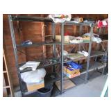 3 metal shelves & all items on them