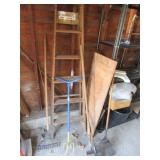 wood ladder,rakes & yard tools