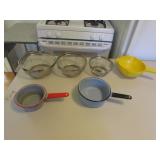 2 enamel pans & strainers