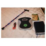 scales,cane,shoe holder, & items