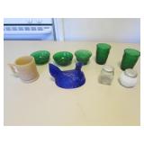 blue hen on nest top,green glass,mug & jars