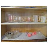 3 glass pyrex measure cups,glass bowl & items