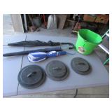 wood lids,umbrellas & green bucket