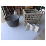cast iron pot,milk crate & items
