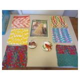 vintage linens & 2 ornaments incl:cardinal