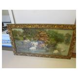 antique farm scene picture & frame