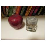 small jar of buttons & apple paperweight