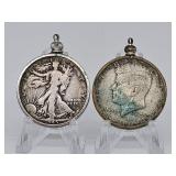 Two silver half dollars in bezels