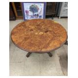 Round Burl Wood Table with Inlaid Floral Design