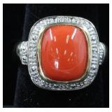 14K Coral Pave Diamond Ring