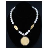 French Kande Faux Pearl Medallion Necklace