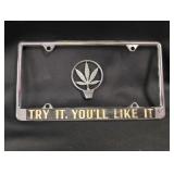 Chrome License Plate Frame with Marijuana Leaf Emb