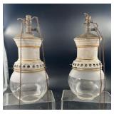 Pair of Hanging Glass and Enamel Gas Lights with C