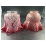 Pair of Cranberry Glass Lamp Shades with Etched Fl