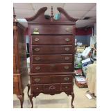 Tall Dark Wood Highboy Dresser with Pediment Top a