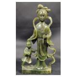 Chinese Carved Green Hardstone Lady & Child