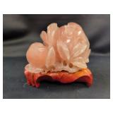 Chinese Carved Rose Quartz Peaches on Hardwood Sta