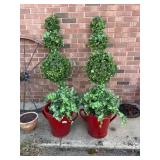 Pair of Artificial Ivy Topiaries in Red Planters
