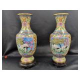 Pair Chinese Cloisonne Crane & Lotus Vases