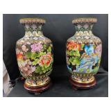 Pair Large Chinese Cloisonne Bird & Peony Vases