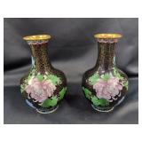 Pair Chinese Cloisonne Floral & Bird Vases