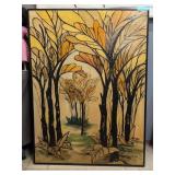 Large MCM Painting Stylized Autumn Forest Signed E