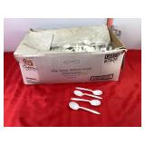 Box & Small Tote of Plastic Soup Spoons