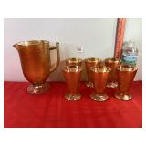 Carnival Glass Crackle Marigold Pitcher & Tumblers