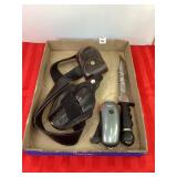 Knife, Leather Holster & Wind Up Flashlight
