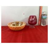 Etched Cranberry Glass & A.H. Peach Luster Bowl