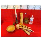 Wooden Utensils, Candleholder, Bowl & Misc