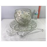Punchbowl, Glasses, Glass Ladle & Platter