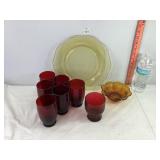 Ruby Red Glasses, Depression Plate & Amber Bowl