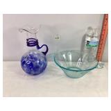Handblown Glass Pitcher & Teal Glass Bowl