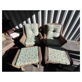 2 Wicker Chairs w/Green Floral Cushions & Ottoman