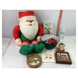 Large Plush Santa, Tin Bowl, Angel Topper & Misc