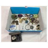 Assorted Costume Pins, Earrings & Misc