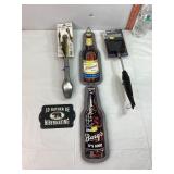 Fish Grill Brush, Tongs, Metal Beer Adverts.