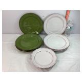 4 Green, White Dinner Plates, 2 White Salad Plates