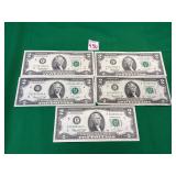 2 - 1995 & 3 - 1976 Series $2 Bills