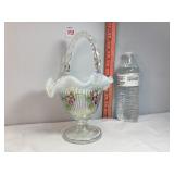 Fenton White Iridescent Signed Hand Painted Basket