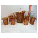 Marigold Carnival Glass Rose Pitcher & Tumblers