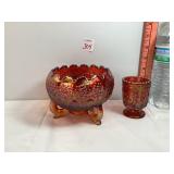 Fenton Red Carnival Glass Bowl & Toothpick Holder