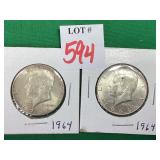 2 -1964 Kennedy Half Dollars