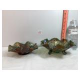 Green Carnival Glass Ruffled Bowls