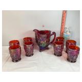 Ruby Carnival Glass Pitcher & Tumblers