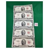 4 - 1953 & 1 - 1963 Series $2 Red Certificates