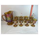 Carnival Glass Harvest Grape Pitcher & Goblets