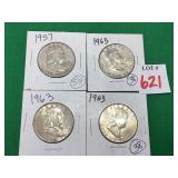 1 - 1957 & 3 - 1963 Franklin Half Dollars