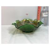 Green Carnival Glass Ruffled Edge Bowl